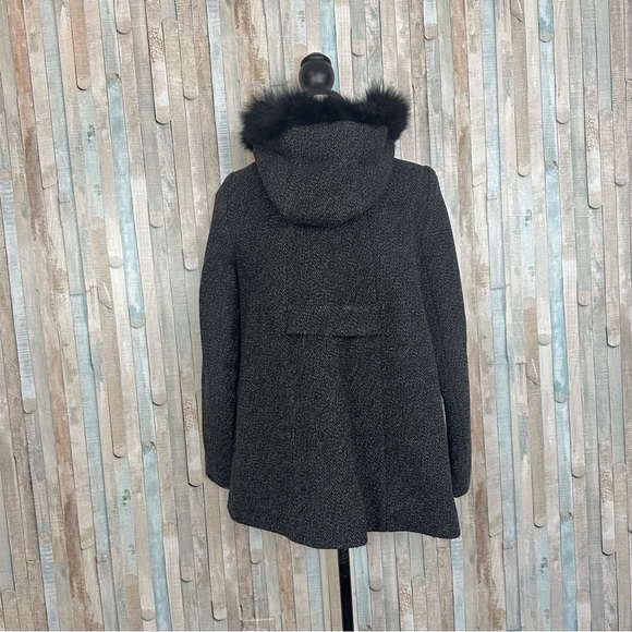 Maje 36 S Duffle Coat Wool Coyote Fur Collar Trim Jacket Black Tweed Buckle $745 - Picture 7 of 13